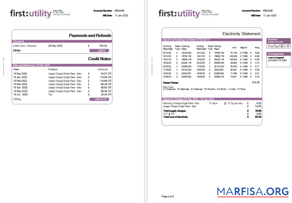 Printable United Kingdom First gas and electricity utility bill in Word and PDF formats, 6 pages. download for verification